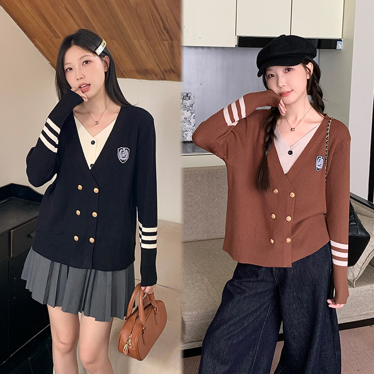 Real photos of 2026 Autumn New Style Plus Size Double-Breasted Faux Two-Piece Knit Sweater for Curvy Women, Korean Style Top/Sweater 69270