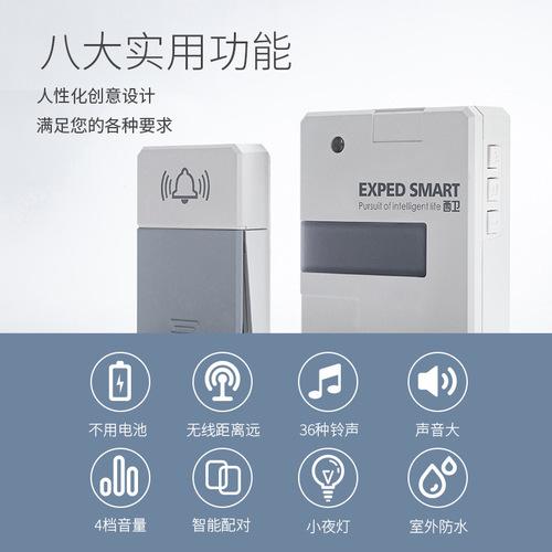 Smart Wireless Doorbell with Night Light, Outdoor Waterproof Home Electronic Long Distance Wall-Pass-through Self-Powered Battery-Free