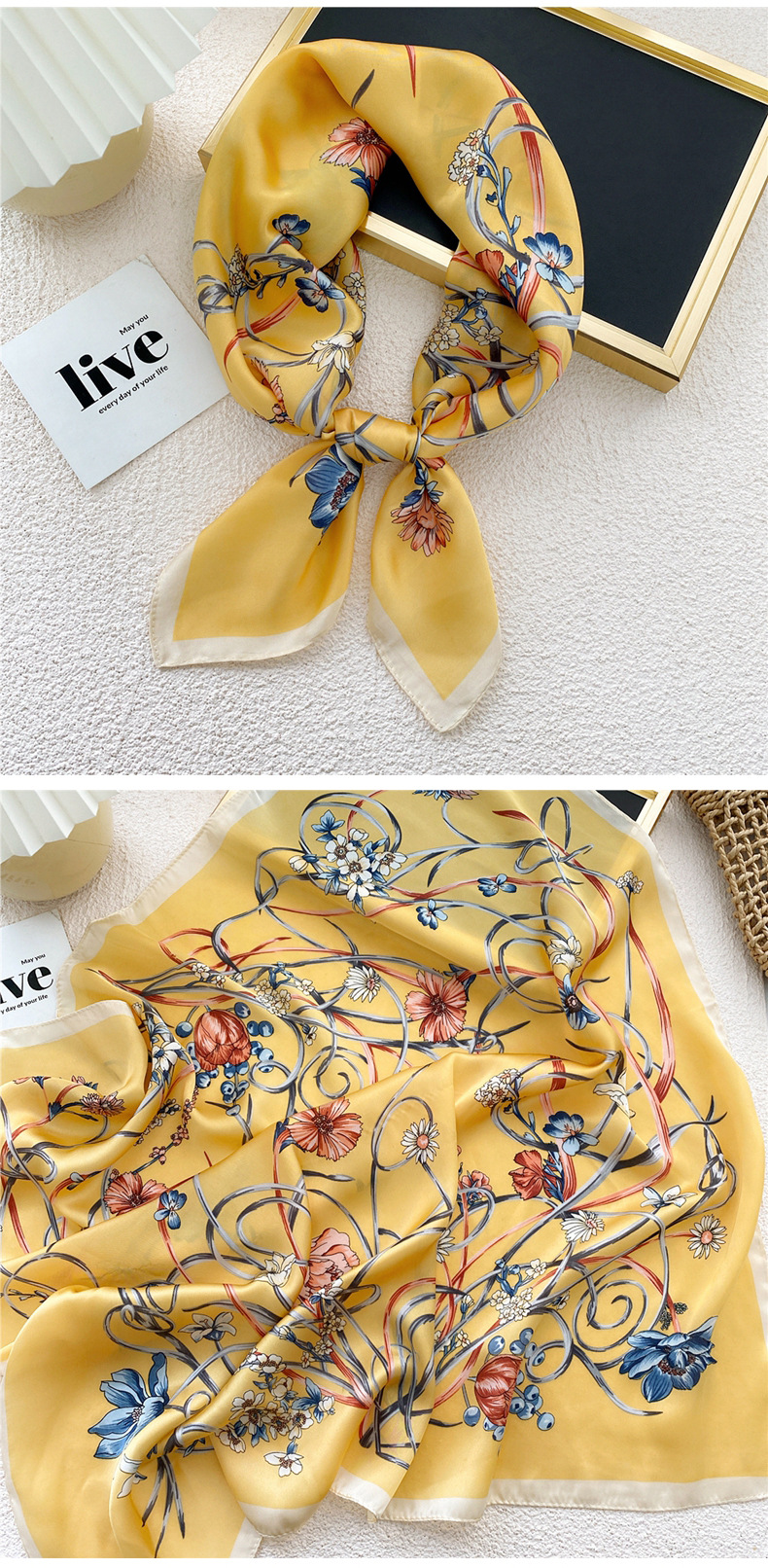 Retro Clashing Color Flower Square Silk Scarf Wholesale Nihaojewelry display picture 18