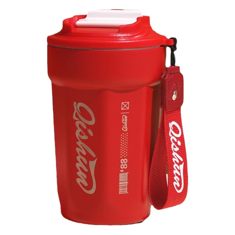 Taza de café 316 de doble capa de acero inoxidable aislado taza fría al aire libre taza de coque portátil red cuerda de elevación roja taza de coche