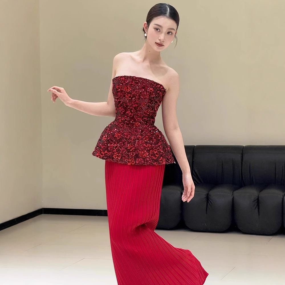 Light Luxury Lace Tube Top Dress for Women, Summer French Style, Bow Tie Waist, Birthday Princess Puffy Dress