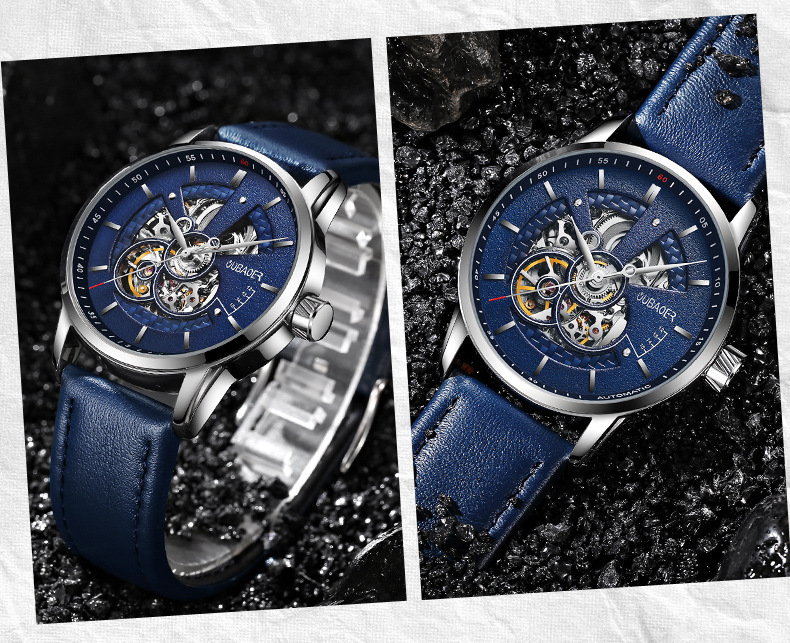 OUBAOER brand mechanical hollowed out waterproof leather watch with lare dial, fashionable and trendy watch, hot_voghion.com