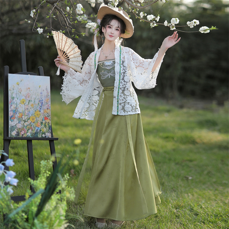 Original Improved Hanfu, Fresh and Mature Mori Girl Style, Retro Lace Cardigan Paired with Jacquard Waist-Length Long Skirt, Daily Outfit Set