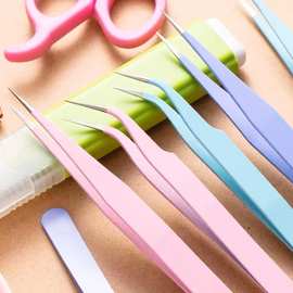 拼豆镊子美甲美睫不锈钢镊子手帐夹尖 弯头镊子手工diy彩色镊子