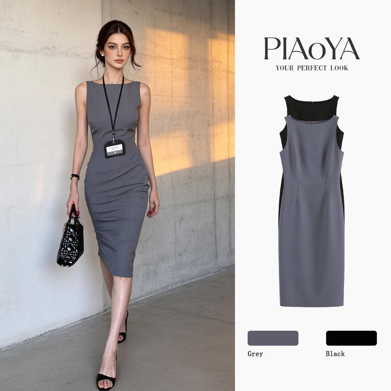 Elegant gray sleeveless dress for women, new summer style, high-end feel, suitable for commuting, waist-cinching, slimming, professional mid-length dress