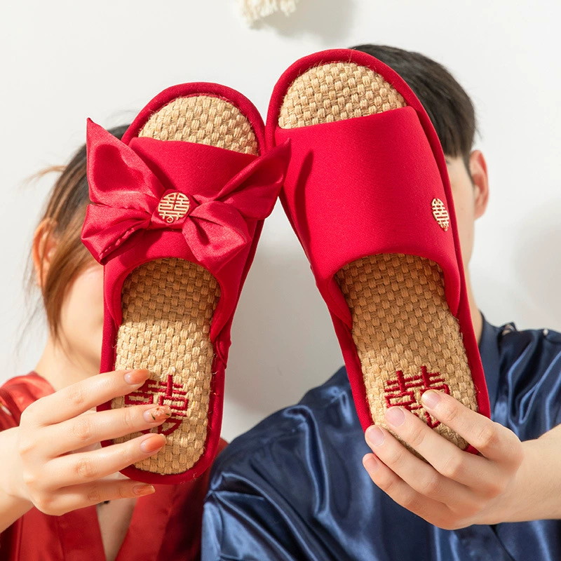 Свадебные тапочки Женские праздничные красные пары Летние домашние напольные Свадебные льняные тапочки для пар Невеста