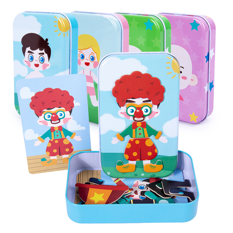 Caja de hierro para bebés Variedad Juego de disfraces Rompecabezas de expresión magnética Educación temprana para niños y niñas Juguetes de pegatinas magnéticas