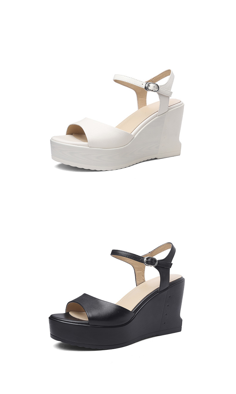 Sandal nữ da bò cao cấp quai ngang mũi hở gót nêm đế platform — màu đen, màu trắng ngà chi tiết 9