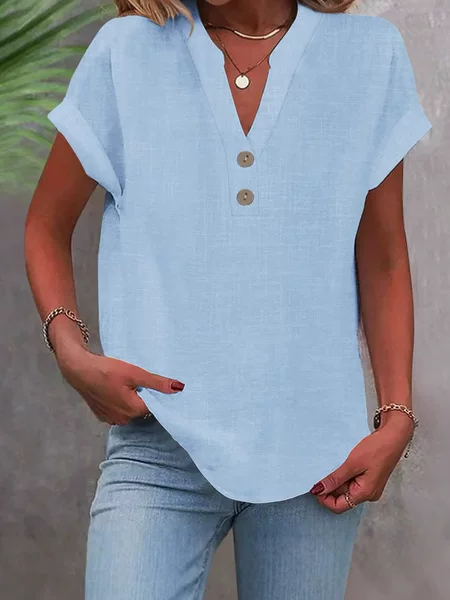 2025 cross-border Europe and the United States spring new women's solid color V-neck button cotton and linen short sleeve explosion top shirt women