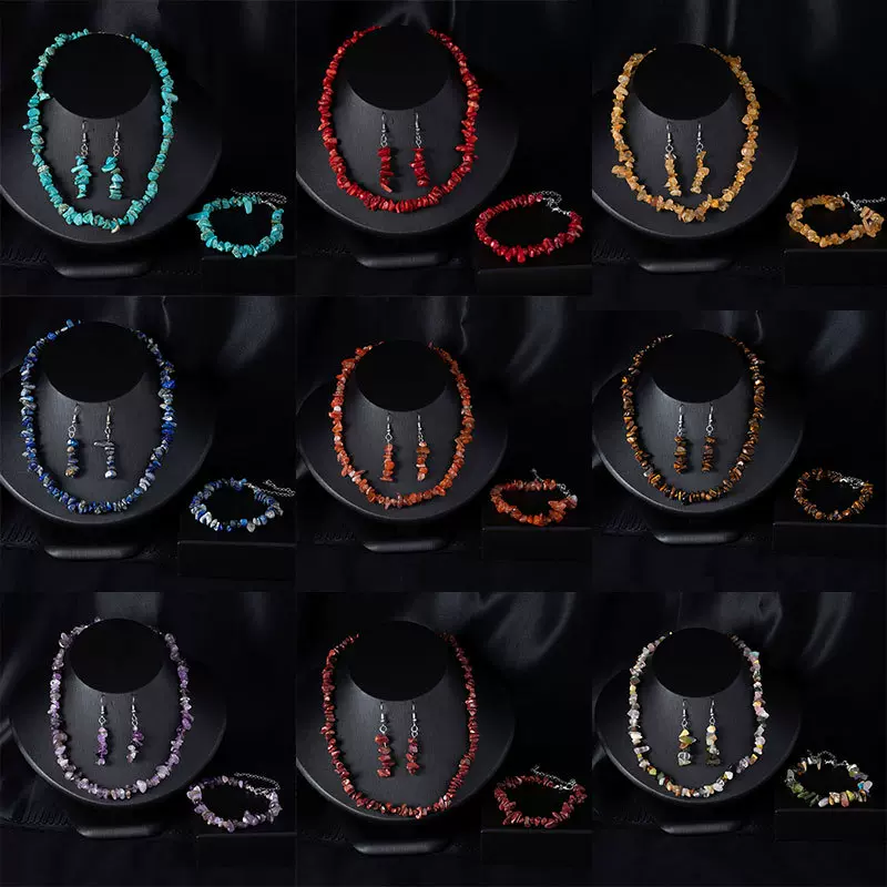 天然石水晶碎石项链手链耳环套装波西米亚风不规则石头饰品套装女