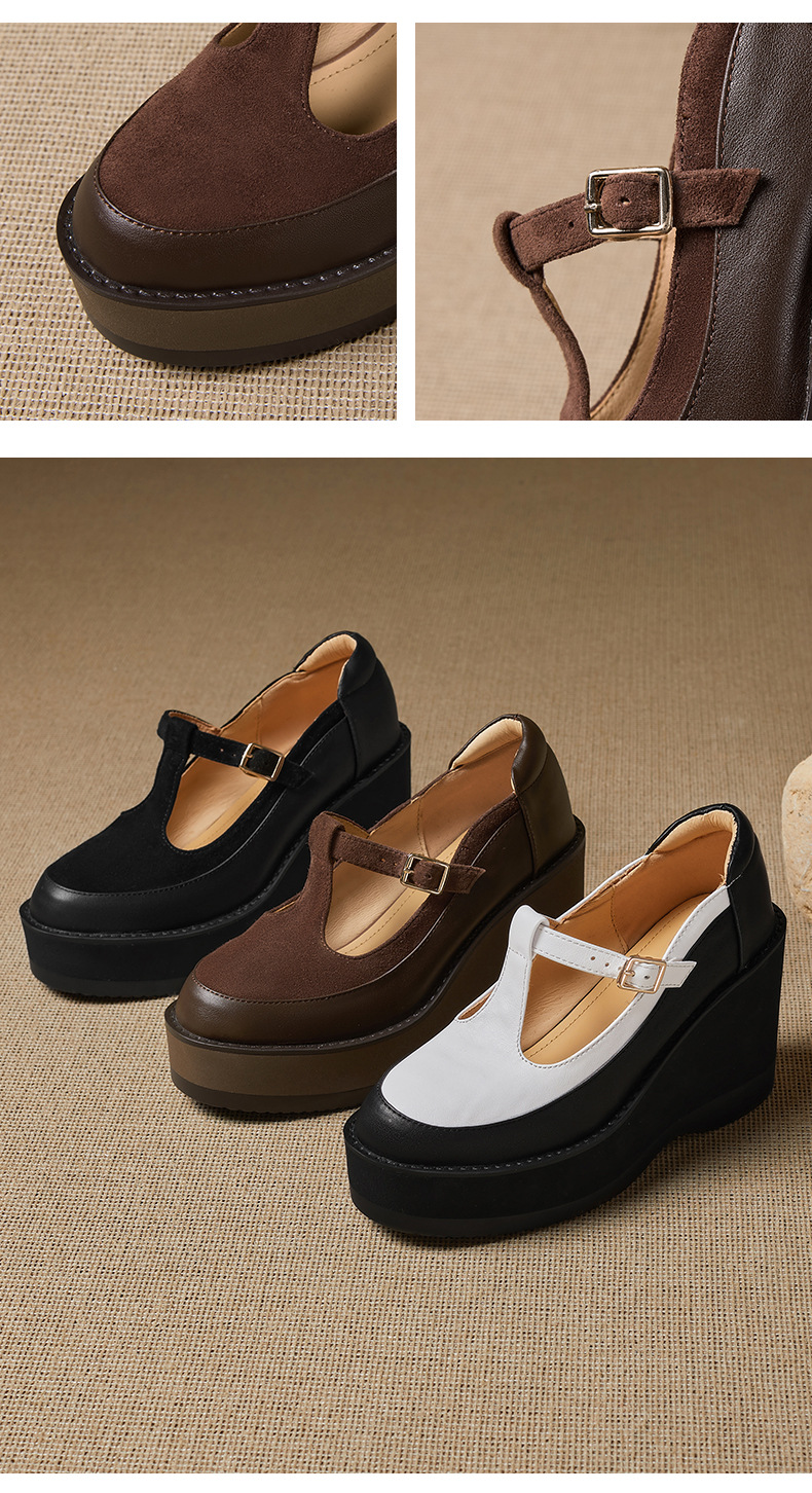 Giày Mary Jane nữ đế xuồng gót cao 9.5 cm khóa chữ T phối màu retro — nâu chi tiết 11