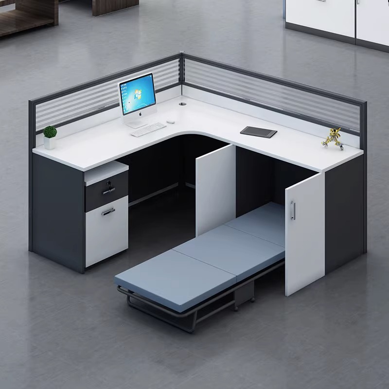 Office desks with nap beds for staff, foldable beds for employees at workstations, L-shaped office, customized partition screens