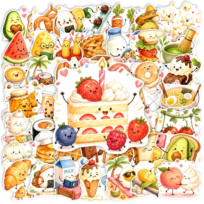 50 Cross-Border Watercolor Anthropomorphic Food Stickers, Cute Cartoon Bread and Dessert Waterproof Stickers for Journal Decoration and Notebooks