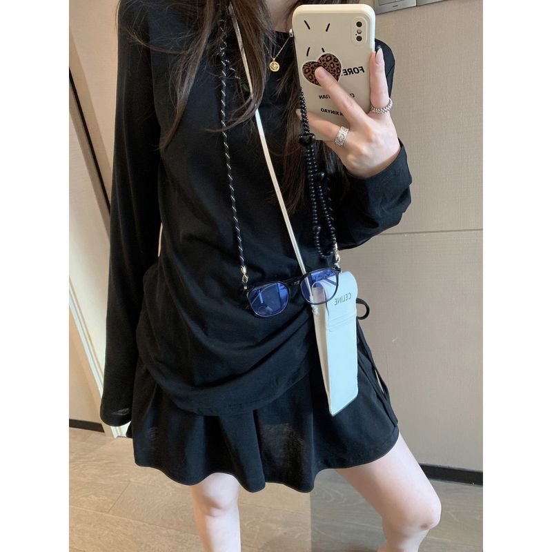 胖妹妹300斤露背长袖上衣+半身短裙两件套女秋季大码宽松时尚套装|undefined