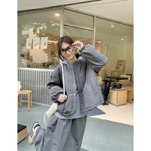 夹棉加厚长袖棉服外套卫衣女2024冬季新款半身长裙韩系时尚套装潮