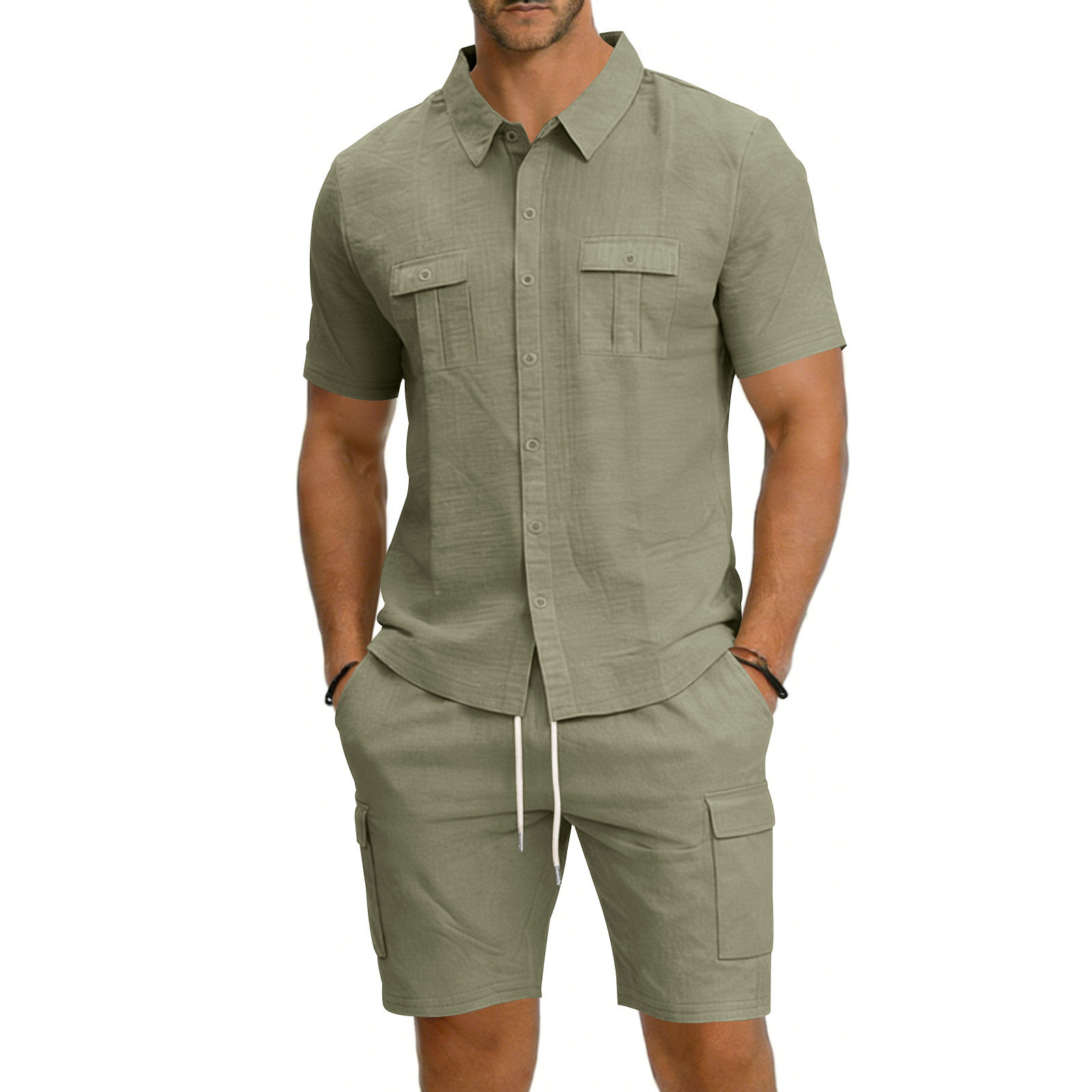 Men's Summer Linen Shirt And Work Shorts Set Casual Sports Outdoor Loose Fit Short Sleeved Collared Suit_viptrois.com