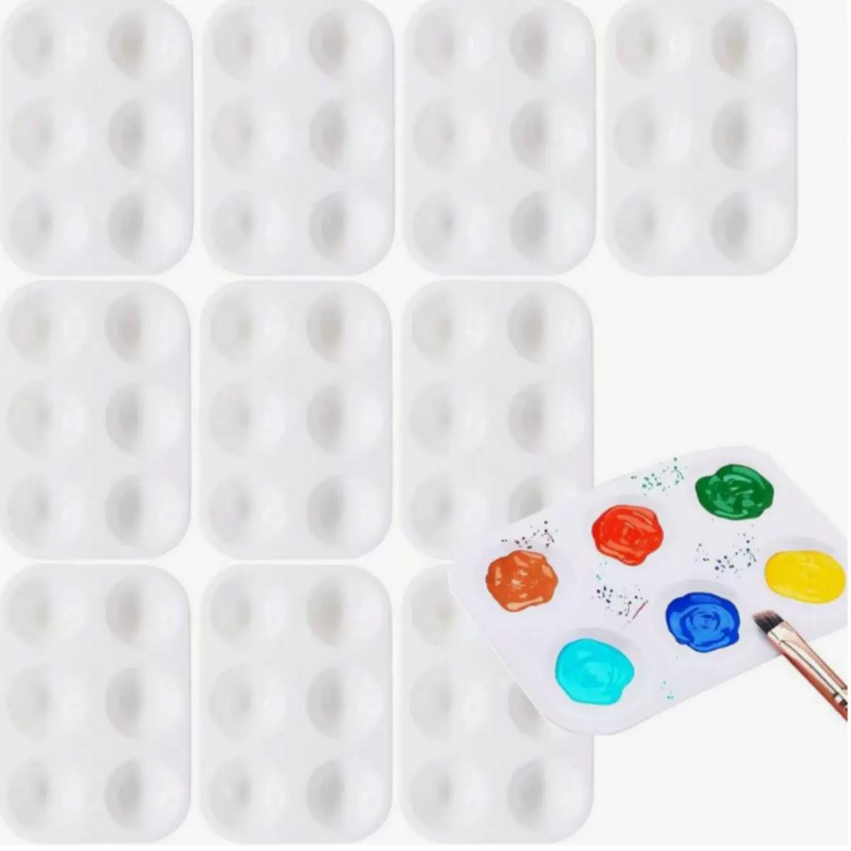 10件装白色塑料调色板  6 孔矩形水彩调色板绘画托盘适用于绘画