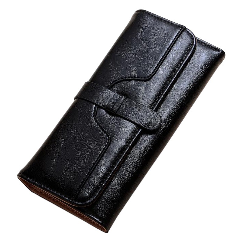 Yamashi New Korean Women's Wallet Women's Long Fashionable Oil Wax Leather Three-fold Drawstring Solid Color Vintage Women's Wallet