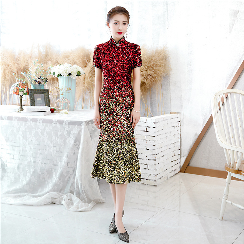 red velvet sequins catwalk chinese dress oriental qipao show red cheongsam elegant Chinese style of cultivate one's morality high split cheongsam