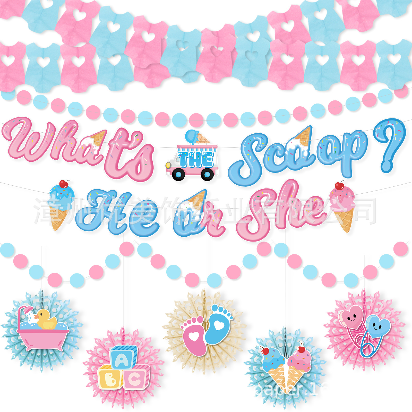 Ice Cream Gender Reveal Theme Party Decoration Background Pared Set Supplies Bandera de tracción Inserción de pastel