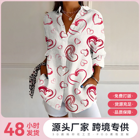 2025 New Women's Cross-Border Amazon European and American Valentine's Day Best-Selling Long-Sleeved Shirt with 3D Printed Pattern Top