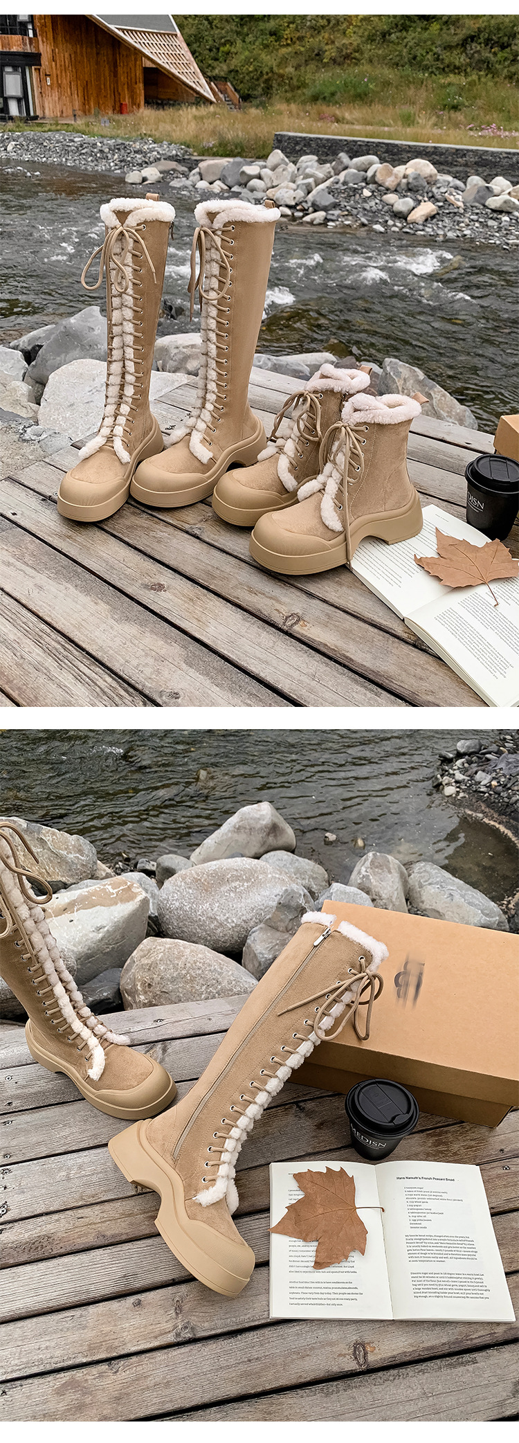 Boot nữ cổ cao lông dày ấm áp, dây buộc phong cách hiệp sĩ, đế chống trượt mùa đông — màu nâu chi tiết 18