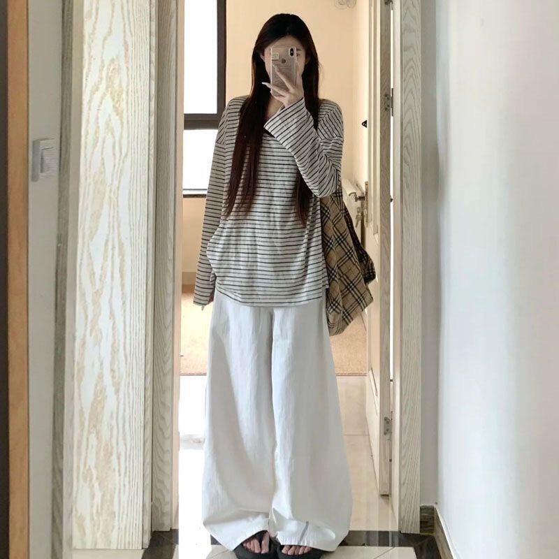 韩系穿搭条纹慵懒风长袖t恤衫女秋2025新款显瘦宽松chic百搭上衣|undefined
