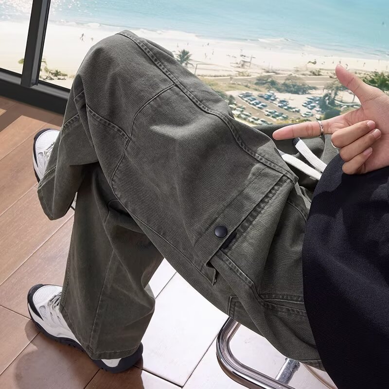 美式纯色工装裤男士春秋款黑色宽松直筒休闲阔腿裤子轻熟休闲|undefined