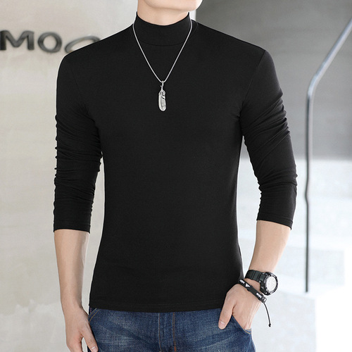 Men's High-Neck Crew Neck T-Shirt Pure Color Long Sleeve Autumn/Winter Casual T-Shirt Korean Style Versatile Autumn Top