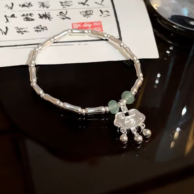New Chinese style bamboo joint peace lock, lucky charm, fresh and gentle bracelet/necklace for girls, trendy birthday gift.