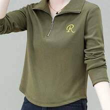 半拉链翻领字母刺绣长袖T恤 210克40支1×1罗纹棉92棉 8氨纶