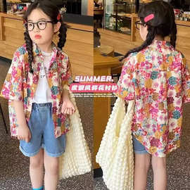 男童花衬衫短袖夏季2025新款童装中小童女童沙滩满印上衣儿童衬衣