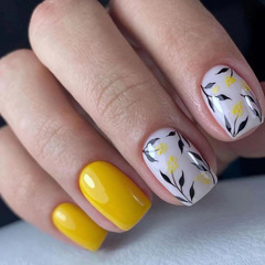 Mid-long European square white and yellow leaf shadow nail art, European square gentle floral false nail set