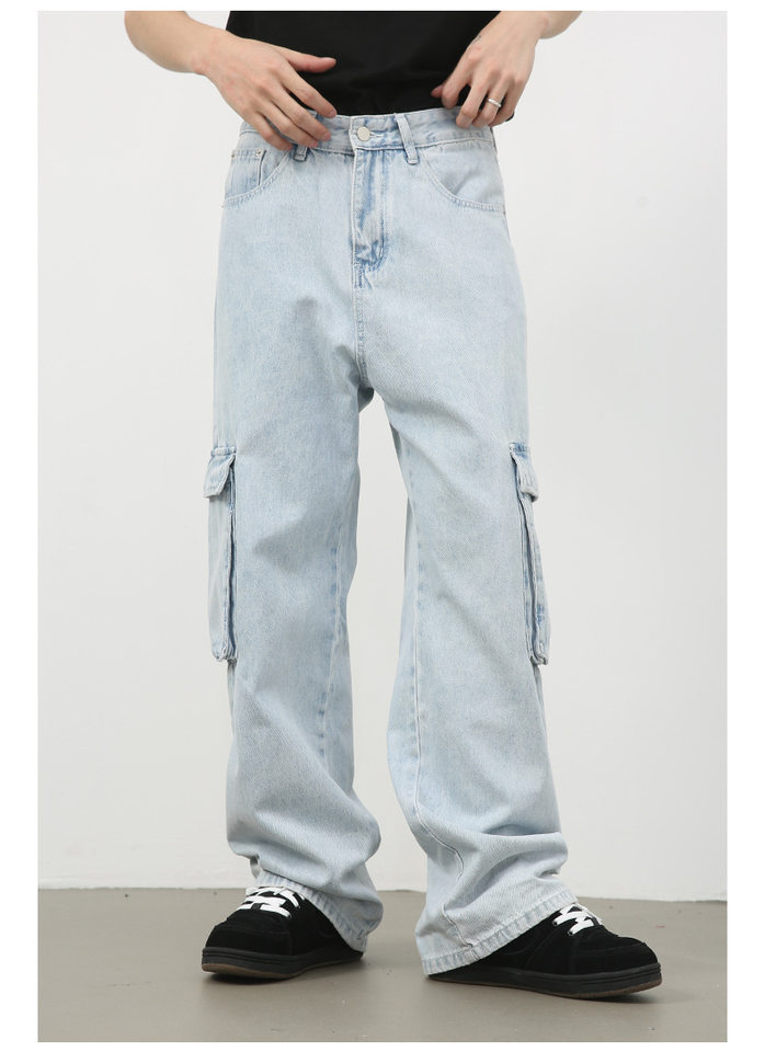 Quần jean nam ống rộng ống đứng dáng suông, vải denim giặt cổ điển, nhiều túi — Màu xanh lam chi tiết 4