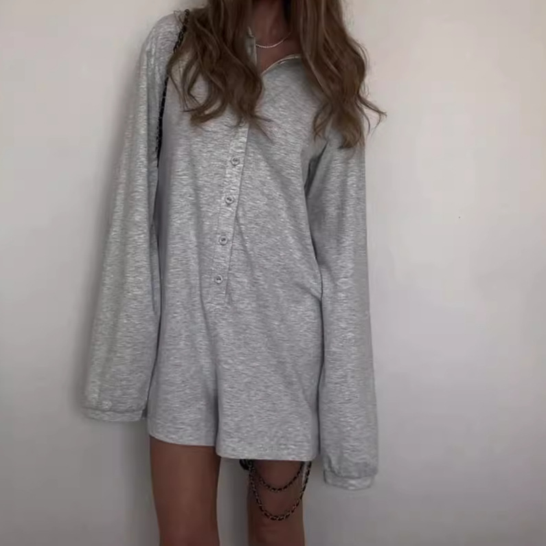 Amazon European and American Women's POLO Collar Single-breasted Long-sleeved Loose Casual Comfortable Basic Solid Color One-fit Shorts