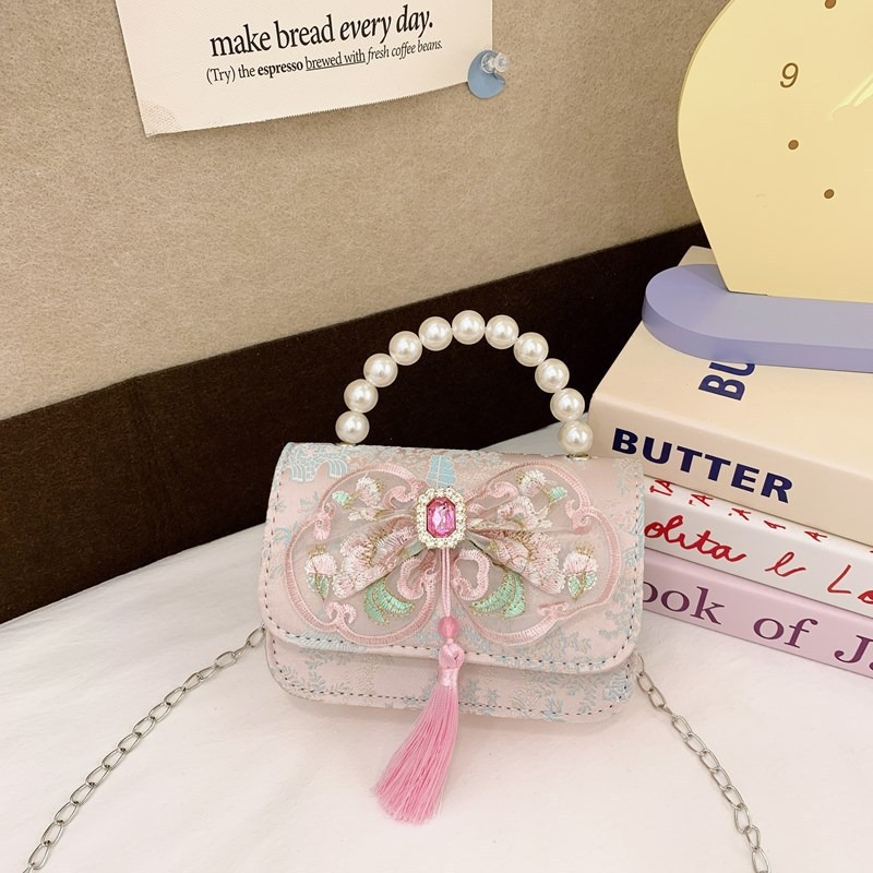 Bolsas de niños nuevas bolsas de mano de perlas de estilo nacional, bolsas de cadena de arco de bordilla princesa, bolsas de hombro de moda nacional de niñas lotes