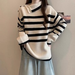 设计感不规则高领条纹长袖针织衫女2025年秋季新款宽松中长款上衣