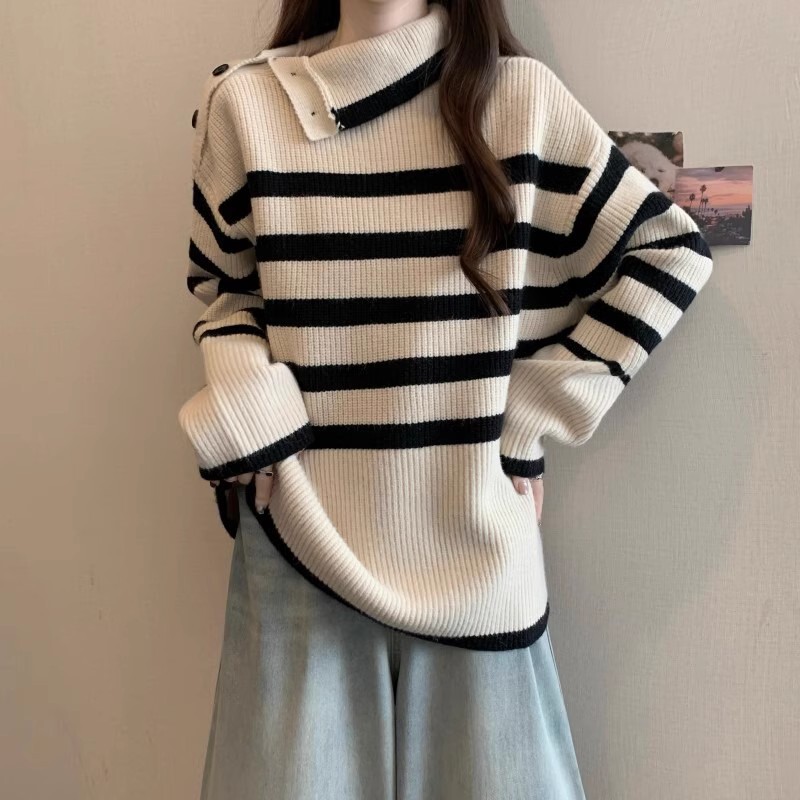设计感不规则高领条纹长袖针织衫女2025年秋季新款宽松中长款上衣|undefined