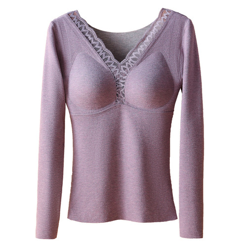 Winter and Spring New Cashmere Silk Warm Long-Sleeve Underwear for Women, Thick Base Layer Top, Seamless Warm Clothing with Breast Pads, Autumn and Winter Outfits