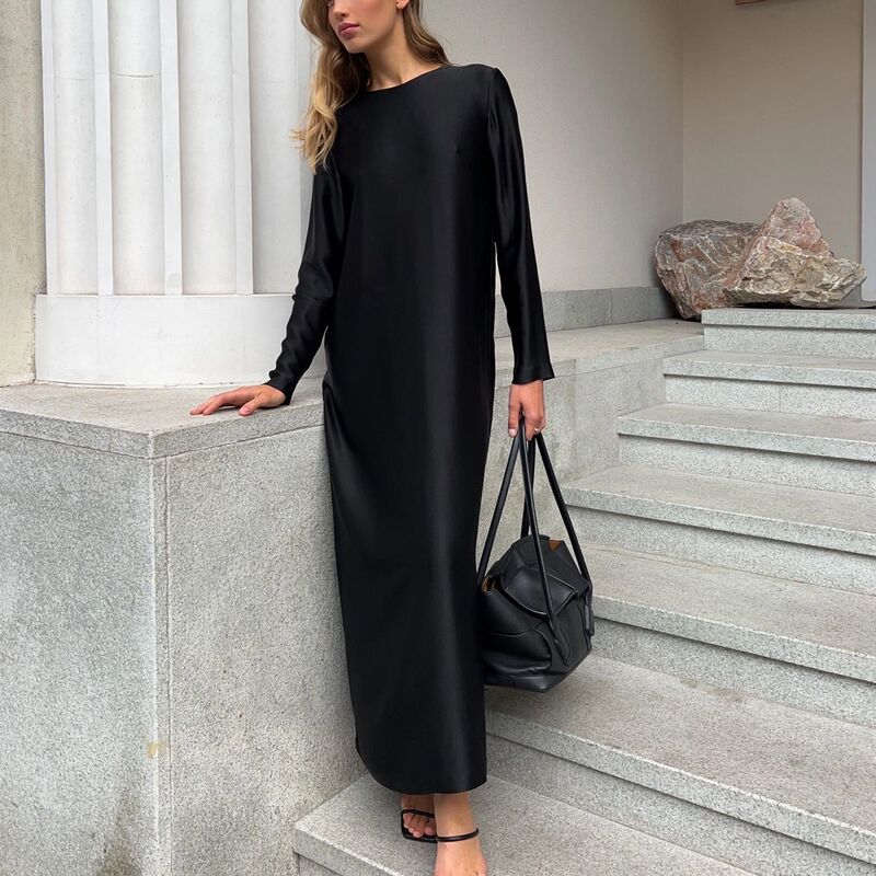 2025 Autumn and Winter New European and American Fashion Base Dress, Fashionable Long-Sleeve Slit Satin Draped Bodycon Long Dress