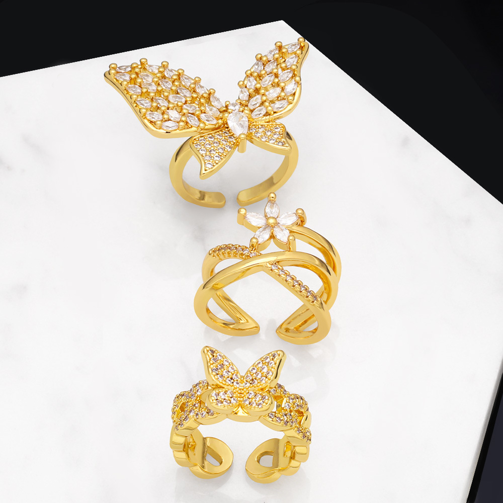 Fashion Creative Zircon Inlaid Butterfly Flower Adjustable Copper Ring