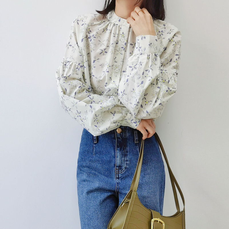 Special Offer: Forget-Me-Not Print French-Style Heavy Silk Cotton Shirt for Women, Small Stand Collar, Button-Up, Commuter Style, Lantern Sleeves Blouse Special Offer: Forget-Me-Not Print French-Style Heavy Silk Cotton Shirt for Women, Small Stand Collar, Button-Up, Commuter Style, Lantern Sleeves Blouse