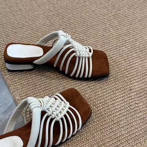 既製品～フランス製厚底ローマ風サンダル、手織りローヒールスリッパ、女性用|undefined