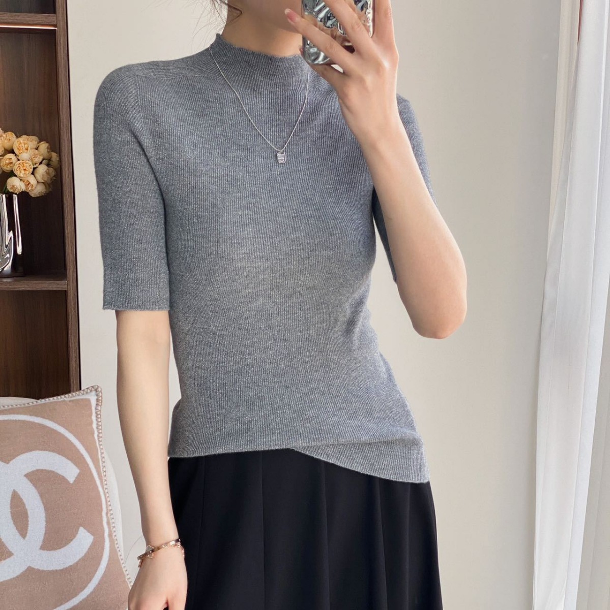 Woolen sweater for women, 100% pure wool, 5/4 sleeve knitted sweater, half high collar, slim fit, slimming effect, pit stripe knitted sweater, seamless