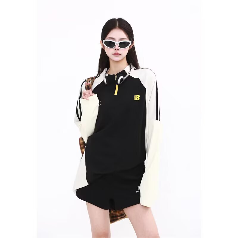 American Black and White Splicing Half-Zip Long-Sleeved T-Shirt for Women 2025 Early Spring & Fall New Style This Year's Popular Short Tops