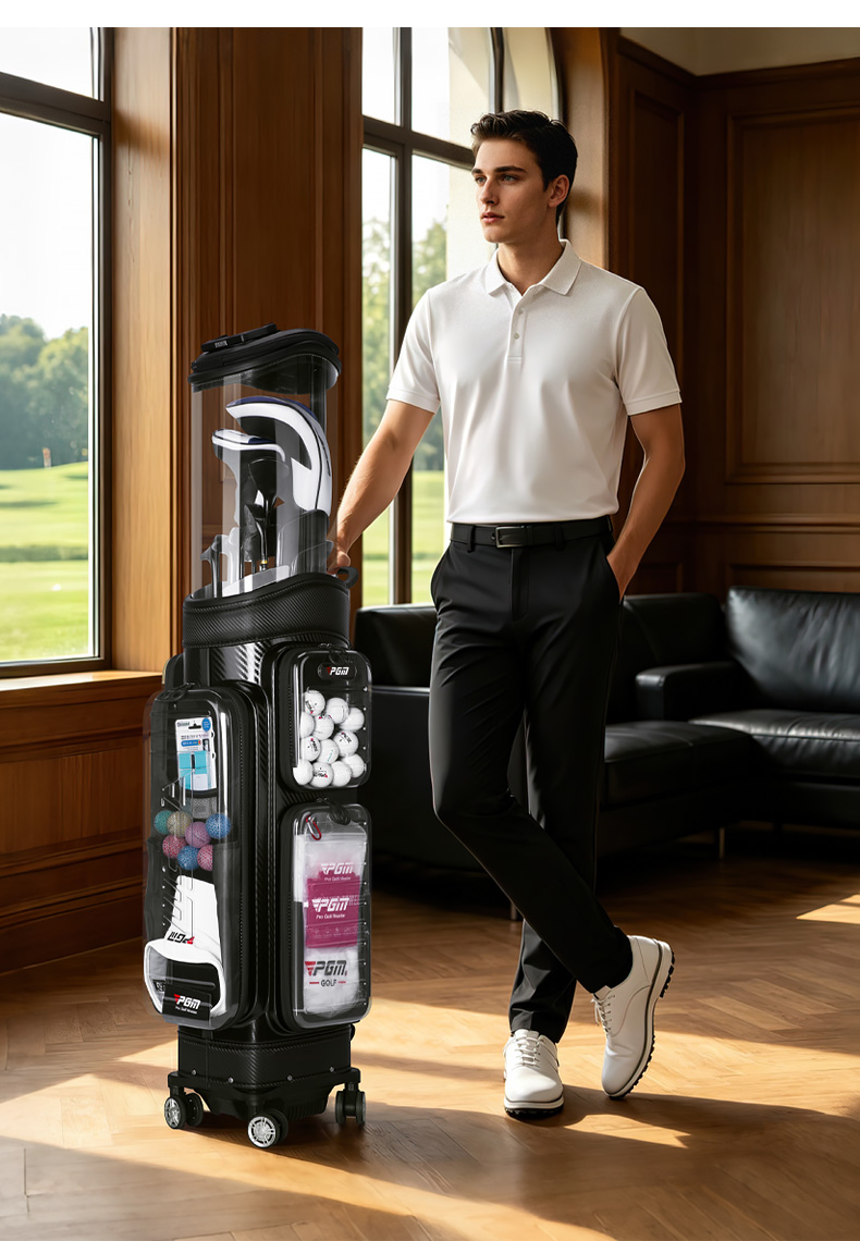 Túi đựng gậy golf cứng trong suốt PGM có bánh xe vạn năng, kéo dãn được, dùng cho hành lý ký gửi máy bay — Đen trong suốt【Vỏ PC trong suốt/Vỏ cứng TPU ép màng/Gậy đảo ngược/Bánh xe vạn năng】QB142 chi tiết 12