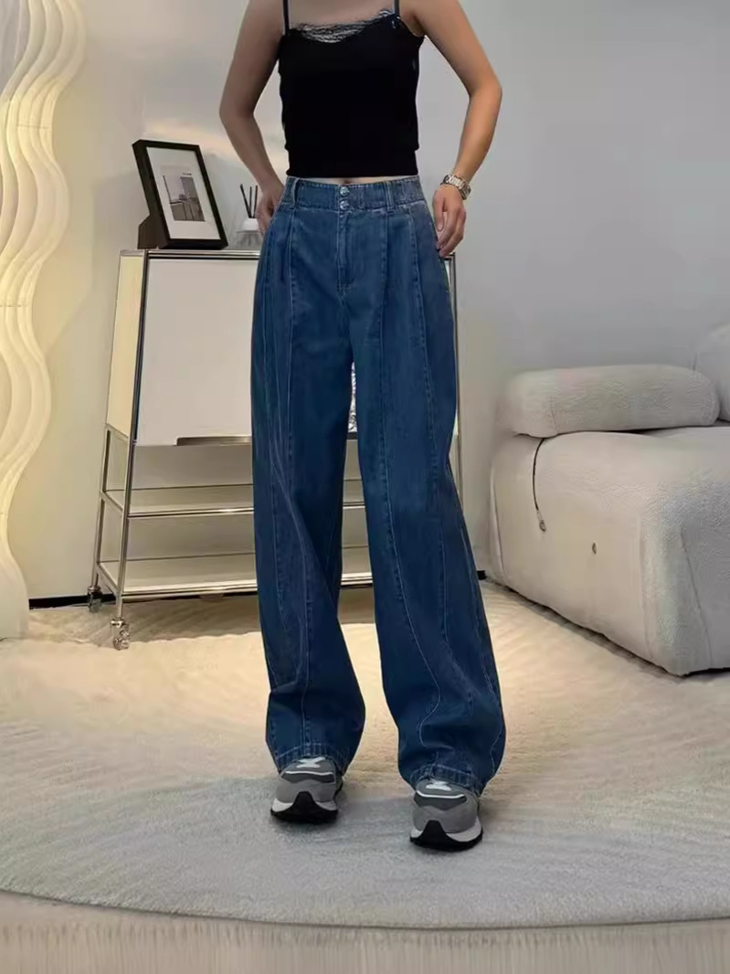 Quần jean nữ ống rộng cạp cao dáng chuối xếp ly denim dễ phối — Màu xanh lam