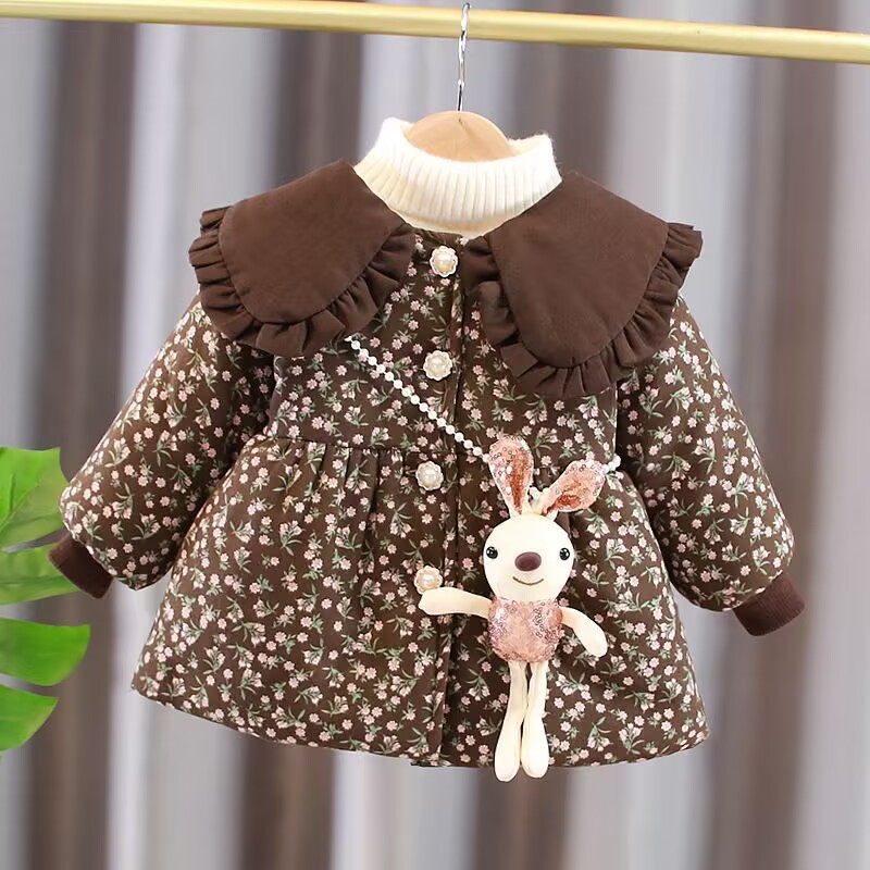 2024冬季新款碎花棉衣女童宝宝加绒加厚中长款大翻领棉服童厚外套