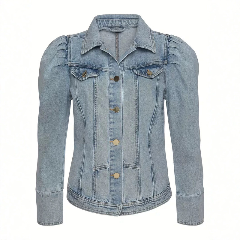 Light blue puff sleeve denim jacket for women, turn-down collar, single-breasted, waist-cinching, slim-fit, short style, hot girl jacket Light blue puff sleeve denim jacket for women, turn-down collar, single-breasted, waist-cinching, slim-fit, short style, hot girl jacket