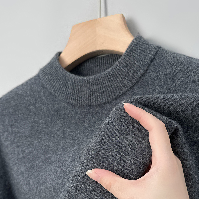 9-pin 420g Winter 100% Pure Wool Semi-high Crewneck Full Wool Thickened Warm Solid Color Wool Sweater for Middle-aged Men